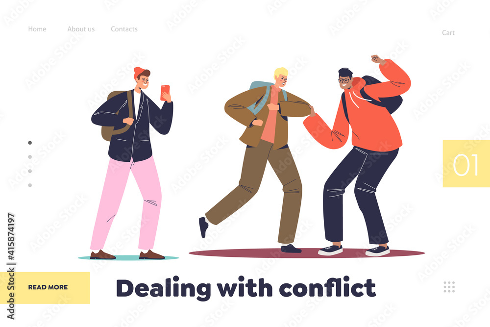 Dealing with conflict concept of landing page with teenage boys fighting and kicking Dealing with conflict concept of landing page with teenage boys fighting and kicking