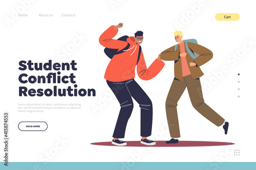 Student conflict resolution concept of landing page with two boys fighting