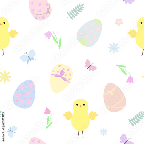 Easter holiday symbol colorful decorated eggs in pastel tones, chicken, butterflies, flowers seamless pattern, flat style vector illustration for spring festive time decor, cards, gift paper, banners,