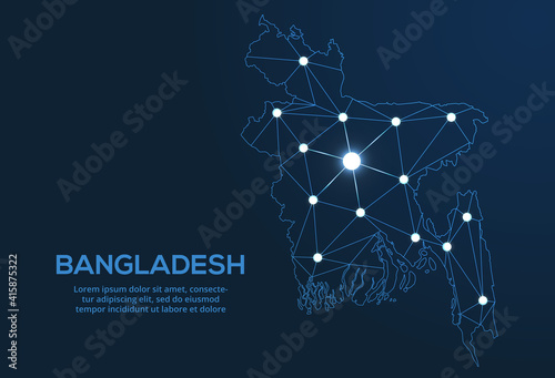 Bangladesh communication network map. Vector low poly image of a global map with lights in the form of cities. Map in the form of a constellation, mute and stars