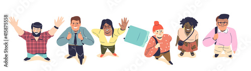 Set of people looking up and smiling, modern young adults women and men happy smiling, top view