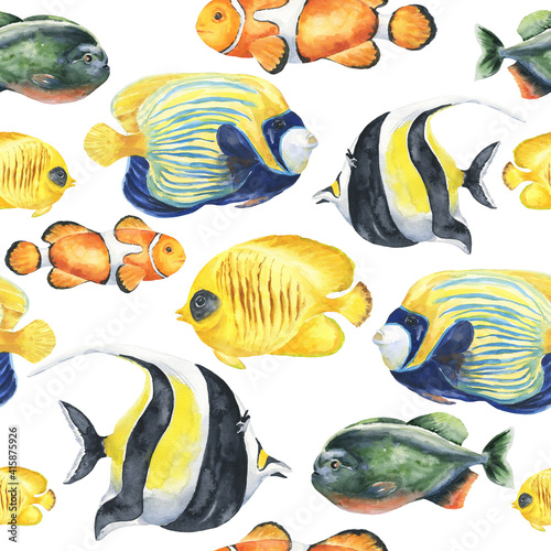 Watercolor tropical fishes seamless pattern. Watercolour repeating background.