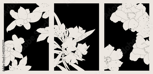 Black and white mono style of tropical flowers collection, blank minimal flat design template