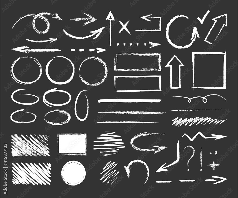Chalk graphic elements. Vector set of hand drawn chalk with frames, arrows, oval, grunge line, rectangle, strokes, stripes. Chalk forms and brushes on school blackboard. Wavy, dashed underline strokes - obrazy, fototapety, plakaty 