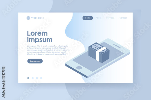 isometric smartphone with dollar banknote banner concept. vector illustration