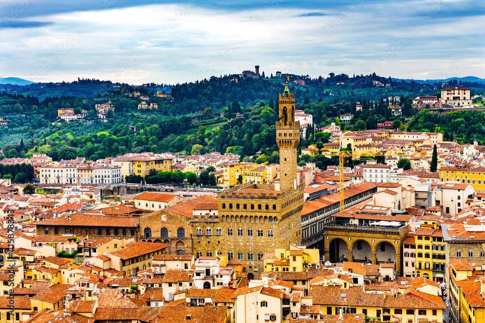 Orange roofs, Palazzo Vecchio, City Hall Tower, Piazza della Signoria, Florence, Tuscany, Italy