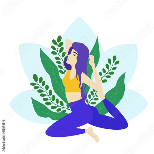 Flat illustration with a young woman doing yoga, doing a meditation practice with her eyes closed. Design suitable for a yoga studio advertising poster.
