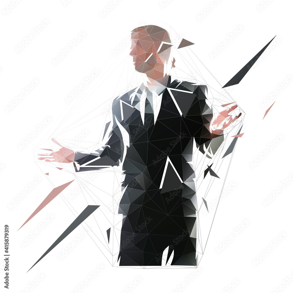 Speaker standing and gesturing with hands, low polygonal isolated vector illustration from triangles