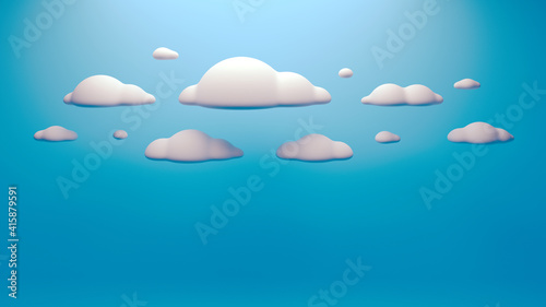 Beautiful cloudy sky background 3d render illustration. 3D rendering full of funny rounded white clouds over warm sky. Cloud computing abstract concept