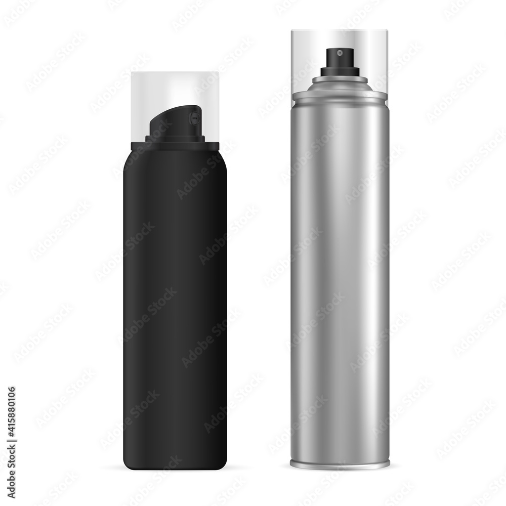 Spray bottle. Aerosol spray can, hairspray mockup aluminum blank. Cylinder tube, air freshener design. Cosmetic sprayer container, 3d package template with transparent cap. Toilet refresher, mist odor Spray bottle. Aerosol spray can, hairspray mockup aluminum blank. Cylinder tube, air freshener design. Cosmetic sprayer container, 3d package template with transparent cap. Toilet refresher, mist odor