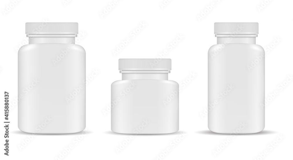 Pill bottle. Plastic supplement container blank. vector pill jar, pharmaceutical capsule package mockup, medical tablet template. Health medicament packaging, big and small can for antibiotic cure Pill bottle. Plastic supplement container blank. vector pill jar, pharmaceutical capsule package mockup, medical tablet template. Health medicament packaging, big and small can for antibiotic cure