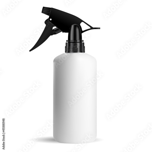Spray bottle. Pistol spray trigger cleaner container mockup. Kitchen grease cleaning detergent packaging. Moisturizer realistic blank, scented freshener or bath deodorant in pet tube
