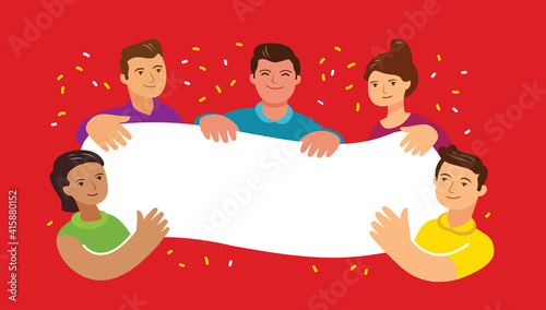 Group of young men and women together and holding blank banner. Flat cartoon vector illustration