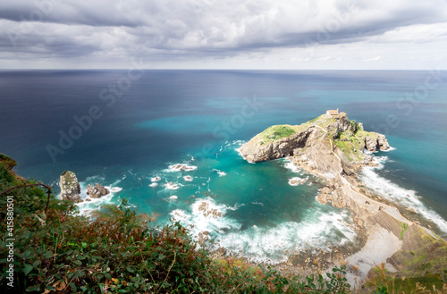 Aerial view of San Juan de Gaztelugatxe in Basque Country, Spain