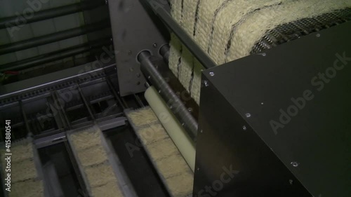 Instant noodles move along the conveyor belt, in the food production.