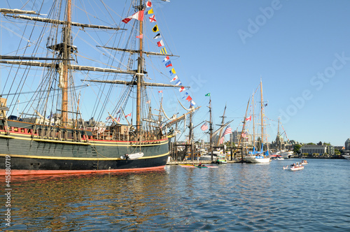 The Bounty is a 180-foot (54 metre) square-rigged three-master constructed in Lunenburg, Nova Scotia., based on the original ship?s drawings still on file in the British admiralty archives. photo