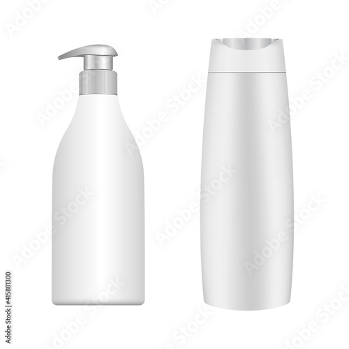 White shampoo bottle. lotion pump container, bath gel 3d design. Realistic cosmetic product collection, moisturizer with pump dispenser, clear design. Soap bottle mockup