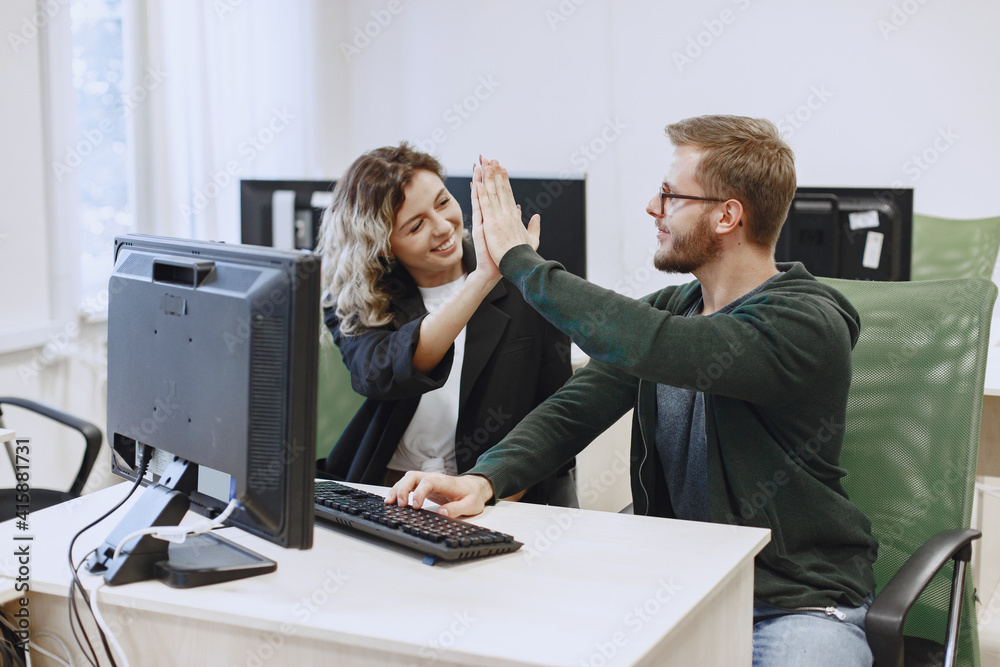 Obraz premium Beauty with friend. Man and woman communicate. Students study computer science.