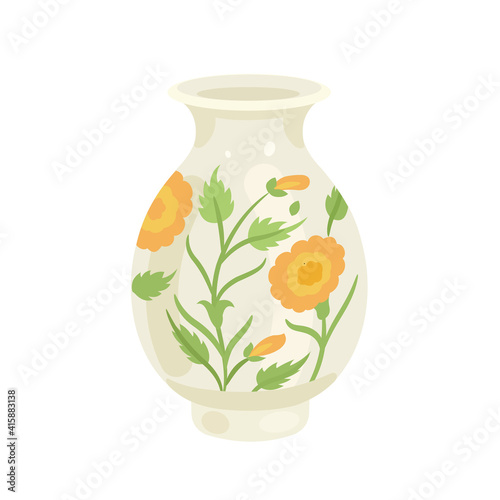 Ceramic vase of light yellow color with flowers. Vector flat illustration isolated on white background.