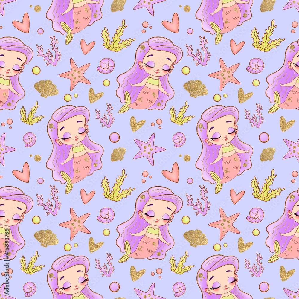 Mermaids seamless pattern. Underwater seamless pattern. Mermaids seamless pattern. Underwater seamless pattern.