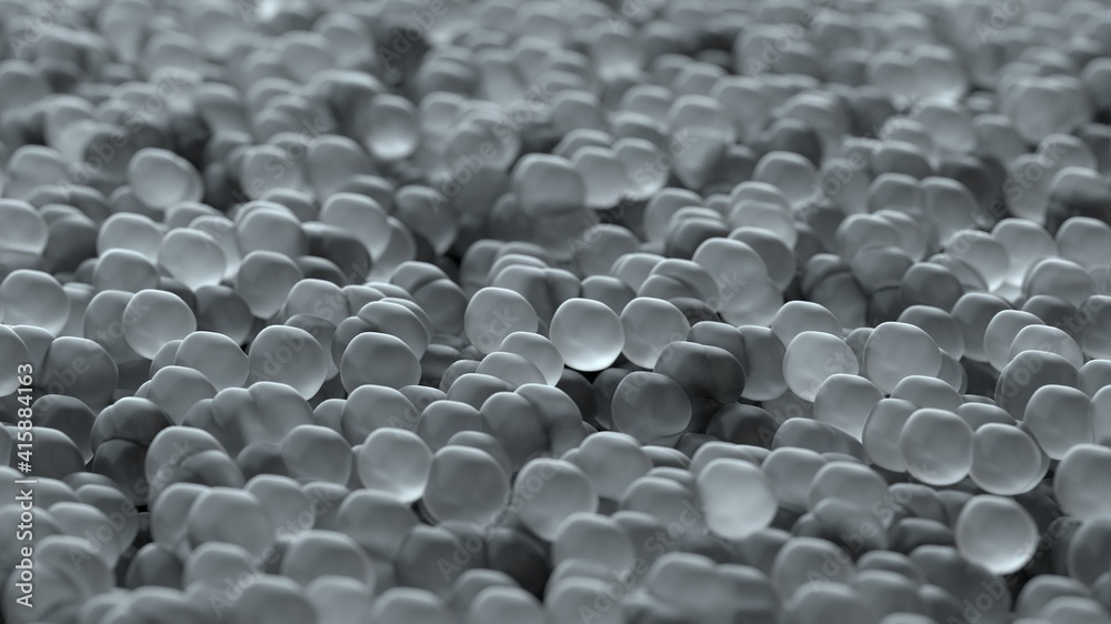 Obraz premium Abstract transparent balls. Gray transparent glossy spheres balls or eggs. Dotted backdrop. Glass crystal balls. Chaotic random abstract background. Depth of field. 3D render