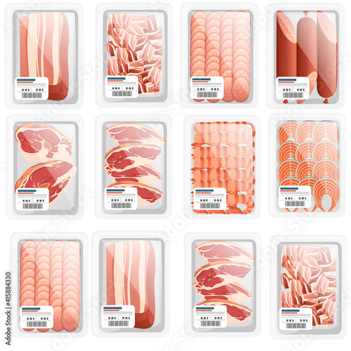 Set of mead and fish food in plastic package for grocery market vector illustration on white background