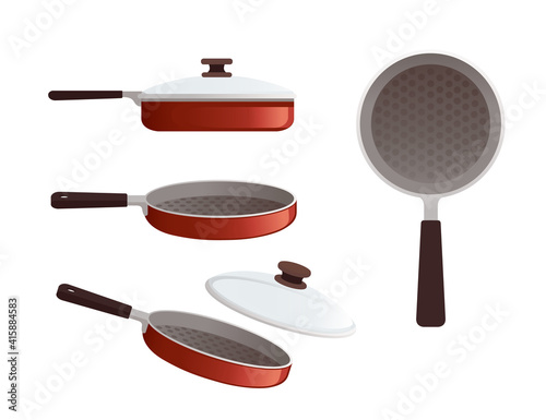 Set of red metal frying pan with wooden handle and with glass lid vector illustration on white background