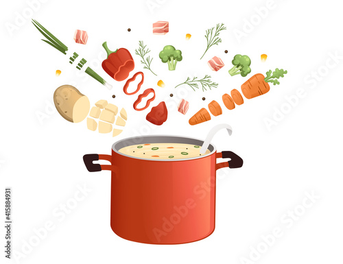 Stainless red saucepan with glass lid and wooden handle with chopped food cooking equipment kitchenware vector illustration on white background