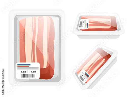 Sliced meat pieces of bacon in plastic package for grocery market vector illustration on white background