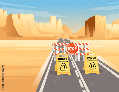 Road to highway in desert landscape with under construction sign and flat mountains sunny day with clear sky vector illustration
