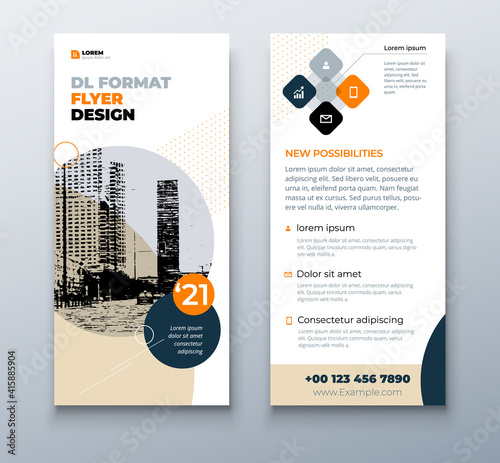DL flyer design layout. Black Yellow DL Corporate business template for flyer. Layout with modern elements and abstract background. Creative concept vector flyer.