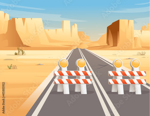 Road to highway in desert landscape with construction sign and flat mountains sunny day with clear sky vector illustration