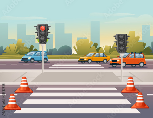 Road transport driving along the road with pedestrian crossing and traffic lights sunny day with clear sky vector illustration