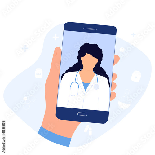 The patient makes a video call to the doctor online. Hands holding smartphone. Telemedicine concept. Medical worker advises a sick person remotely.