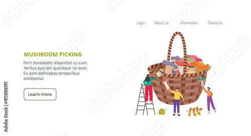Picking edible forest mushrooms a vector landing page template.