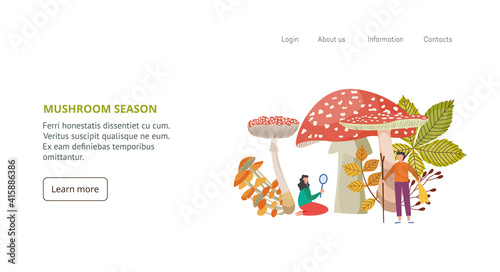 Mushroom season website banner template with people, flat vector illustration.