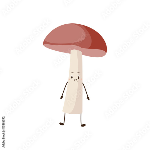 Friendly cartoon character of forest mushroom flat vector illustration isolated.