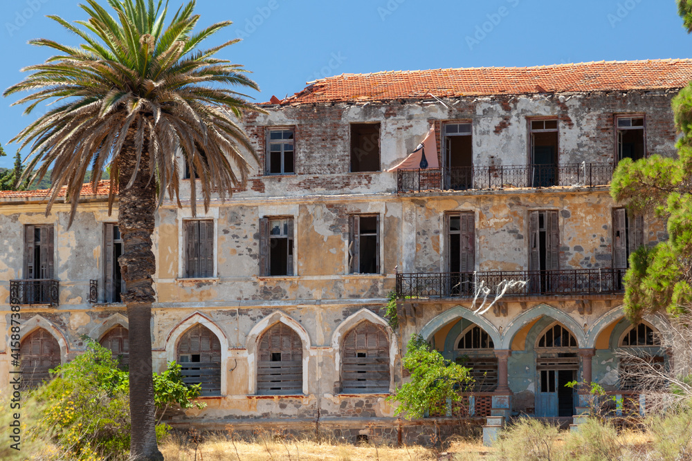 Old abandonded building, almost ruined, in Lesvos island, Greece, Europe. It was used as hotel during quite some time in the early 1900's.