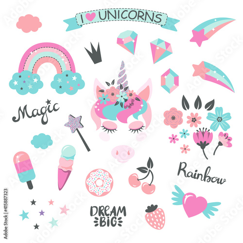 Set of the colorful, sparkling unicorn magic world elements. Vector illustration.