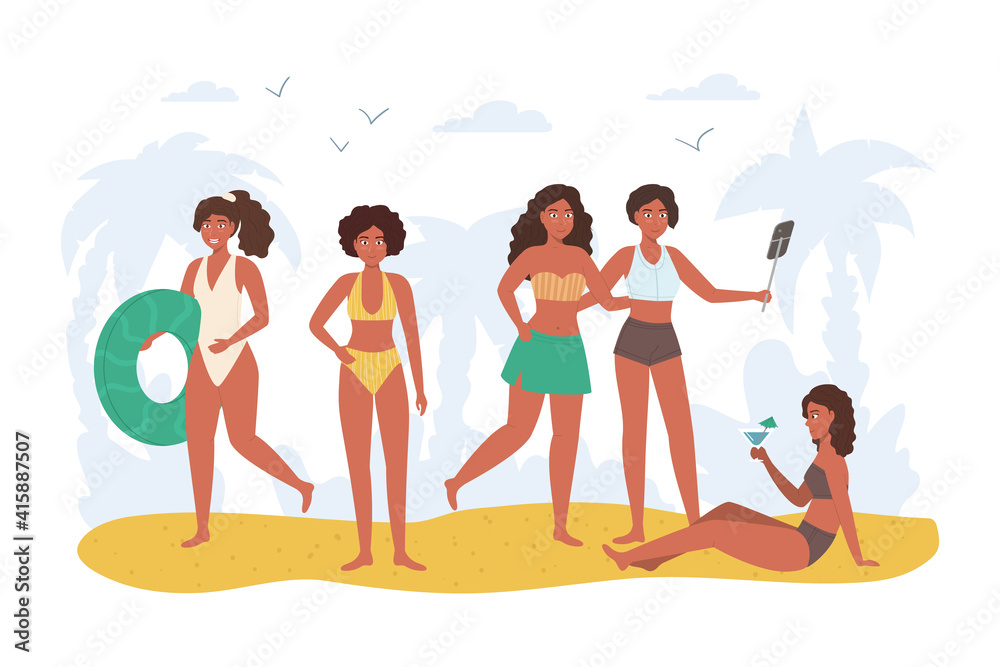 Cartoon Color Characters Afro American Women on The Beach Concept. Vector