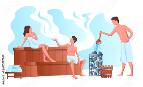 Cartoon Color Characters People and Sauna Bathing Concept. Vector