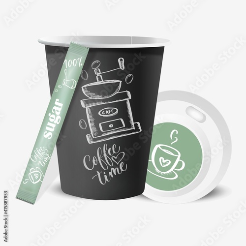 paper coffee cup with lid and sugar bag, with coffee design elements on white background in vintage style. Collection of 3d mock up coffee cup.