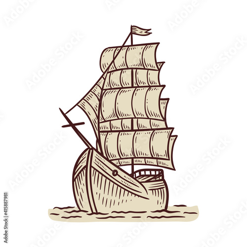 Ancient old sea sail ship a vector sketch isolated illustration