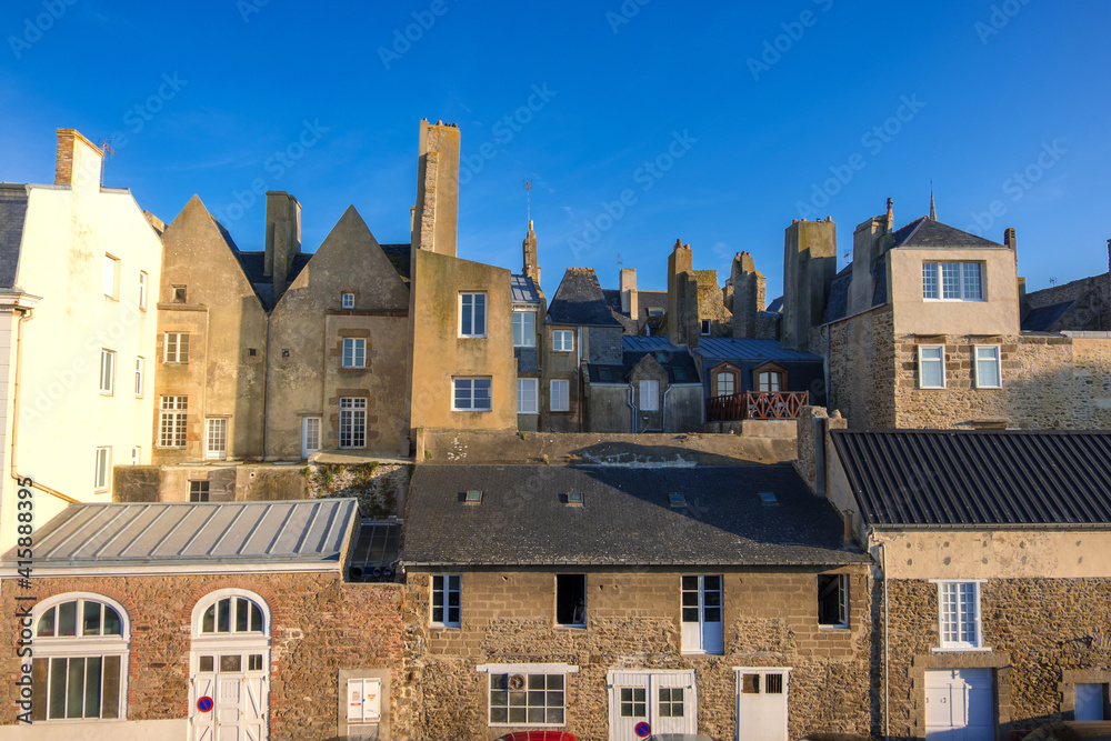 Saint-Malo, France - August 25, 2019: Cityscape from the Historic wall of the old city in Intra Muros of Saint-Malo, Brittany, France