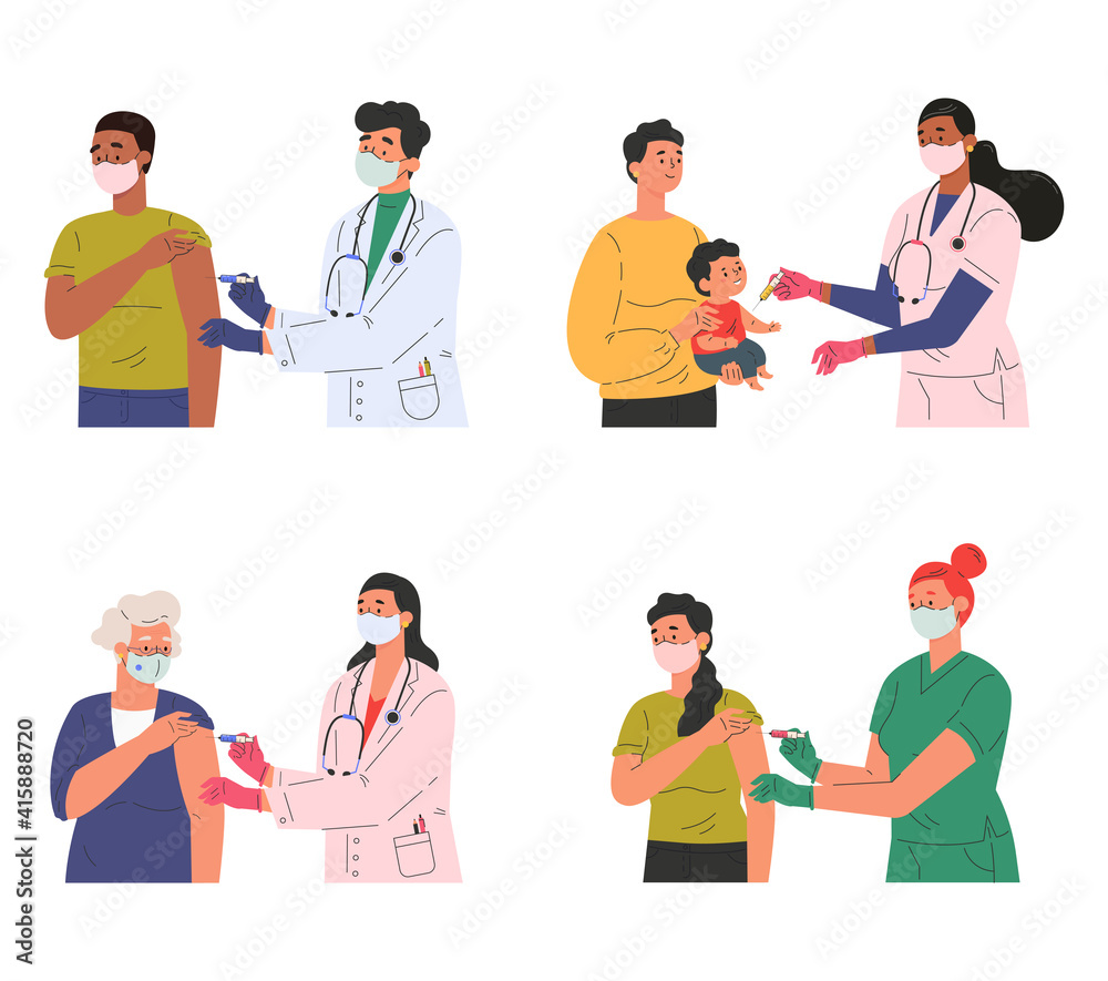 Set of different doctors and patients who came for vaccination. Concept illustration for immunity health. Adults and children at the doctors office. Flat illustration isolated on white background. Set of different doctors and patients who came for vaccination. Concept illustration for immunity health. Adults and children at the doctors office. Flat illustration isolated on white background.