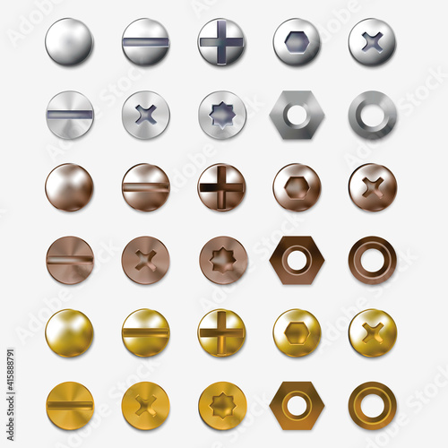 Realistic Detailed 3d Steel or Brass Heads Screws Set. Vector