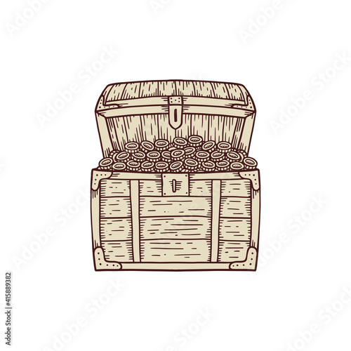 Ancient vintage wooden treasure chest engraved vector illustration isolated.