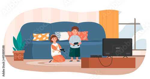 Little children playing video game with gamepads at home. Boy and girl spending time together by the screen. Sister and brother playing together in cozy living room. Flat vector cartoon illustration