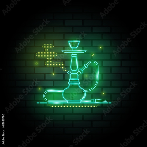 Hookah neon signs on dark brick wall background