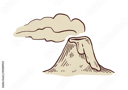 Cartoon hand drawn volcano eruption engraving vector illustration isolated.